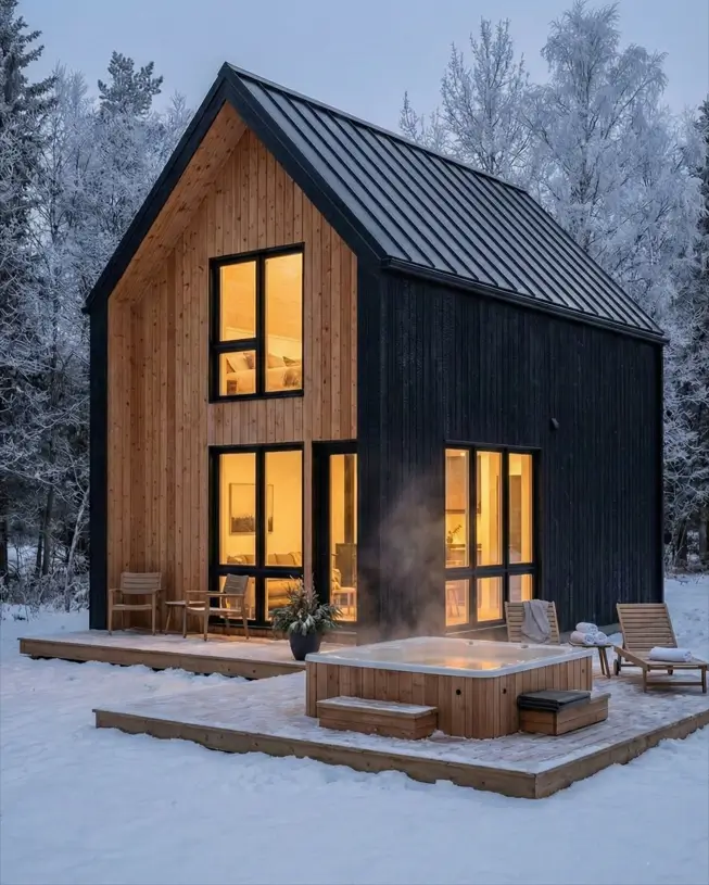 33 Small Scandinavian House Ideas That Prove Less Is More 24 Private Nordic spa retreat with charred timber siding and an outdoor hot tub against warm cedar.