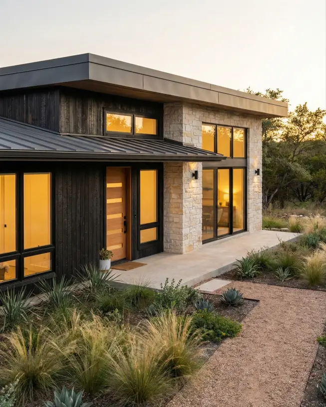 26 Small Ranch-Style House Ideas for Timeless Modern Living 24 Dark vertical cladding and limestone walls on a modern small Ranch house design with flat roof overhangs.