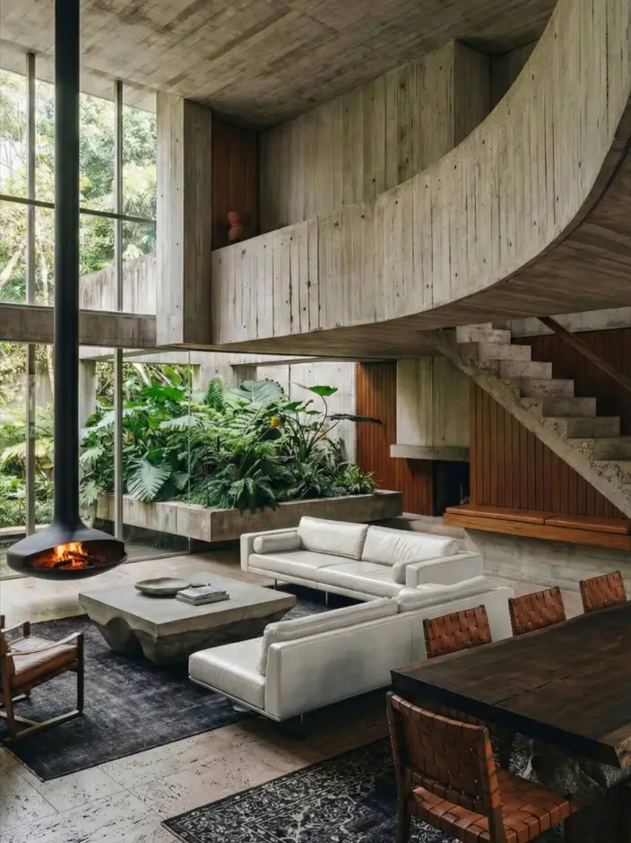 38 Modern Brutalist Interior Design Ideas for a Raw, Livable Sanctuary 25 Concrete construction living room featuring a fluid mezzanine and suspended black fireplace.