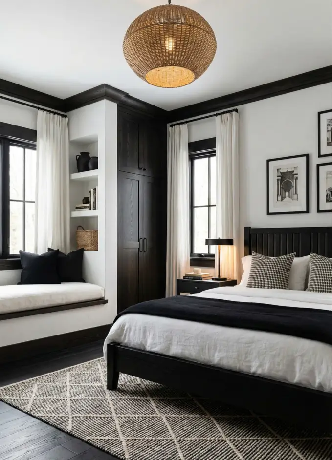 26 Craftsman Home Interior Ideas for Timeless Charm and Modern Living 25 High-Contrast Craftsman Modern Craftsman interior bedroom featuring high-contrast black trim and white walls.