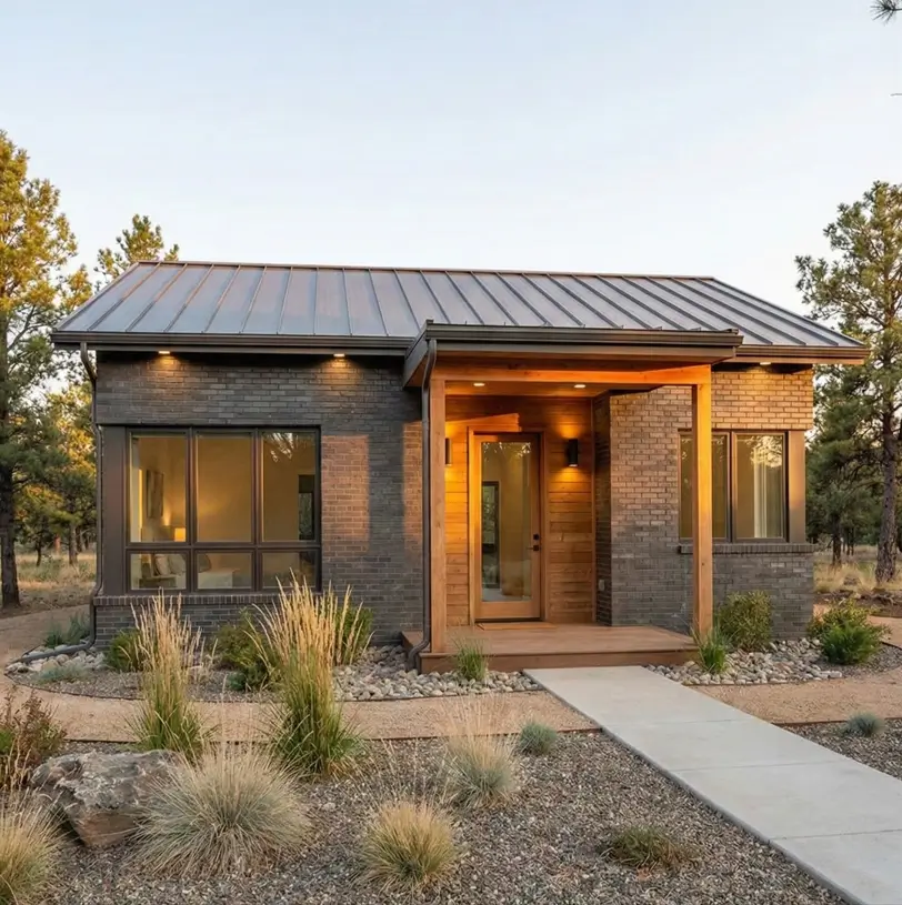 26 Small Ranch-Style House Ideas for Timeless Modern Living 25 Charcoal brick siding and wood porch accents on a moody small Ranch-style house with river rock landscaping.