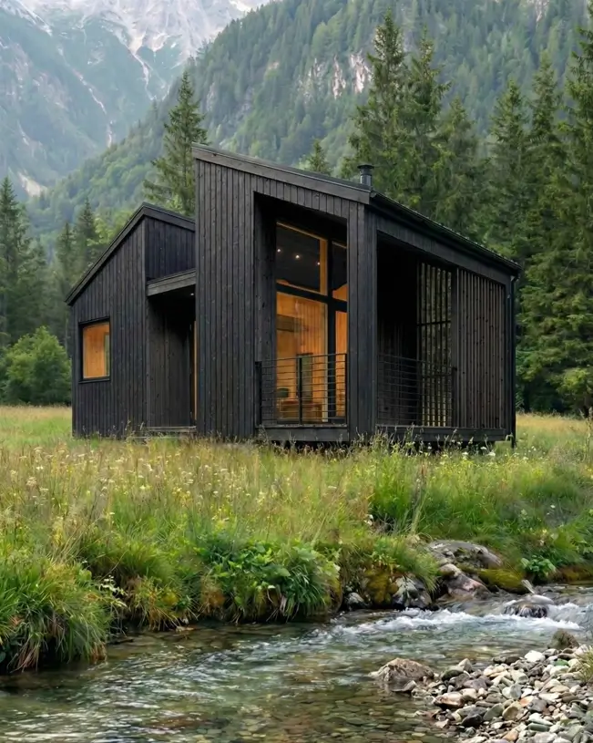 33 Small Scandinavian House Ideas That Prove Less Is More 25 Split-volume stream house with black timber cladding and stepped roofline next to a rocky stream.