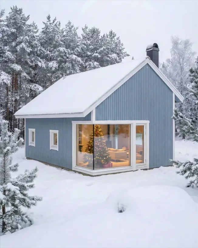 33 Small Scandinavian House Ideas That Prove Less Is More 26 Festive corner glazing on a blue Scandinavian cottage framing a Christmas tree in snowy woods.