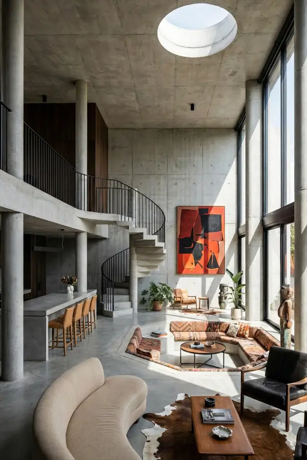 38 Modern Brutalist Interior Design Ideas for a Raw, Livable Sanctuary 26 Modern masonry atrium with soaring concrete columns and a circular skylight over a sunken pit.