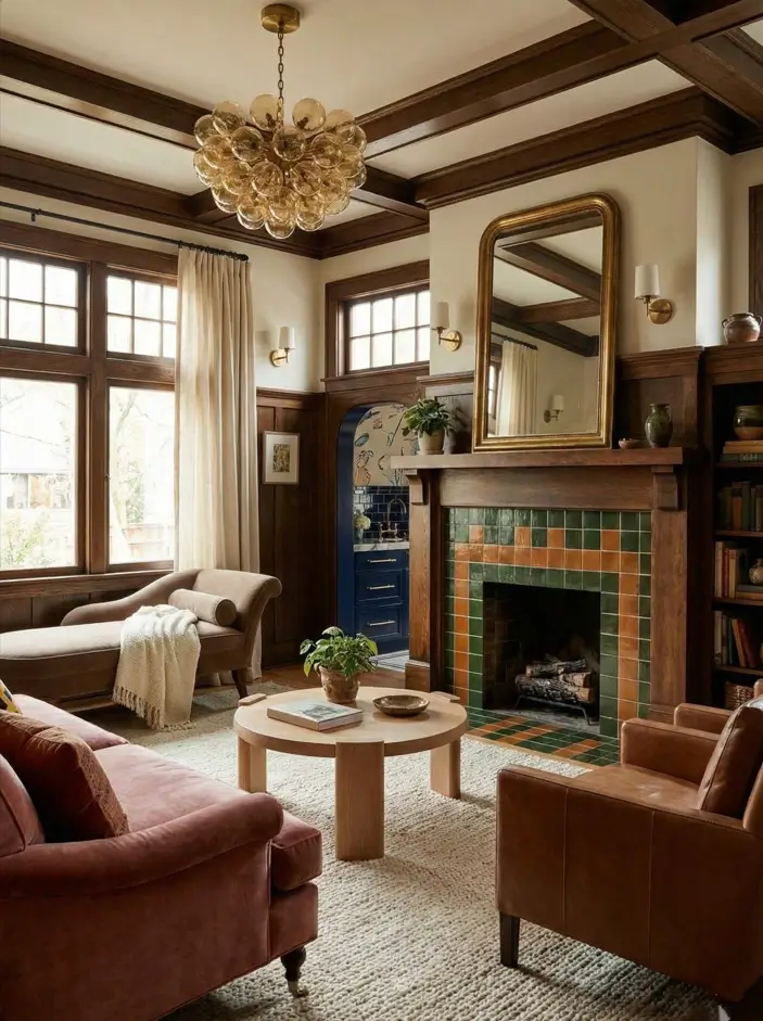 26 Craftsman Home Interior Ideas for Timeless Charm and Modern Living 26 Eclectic Craftsman Interior Modern Craftsman interior living room with eclectic decor and a playful bubble chandelier.