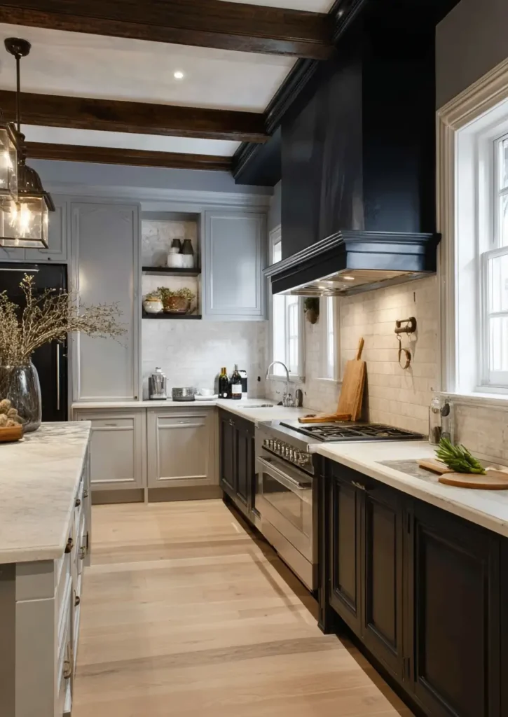 34 Modern Tudor Kitchen Ideas: Old-World Charm, New Appeal 26 Kitchen featuring black lower cabinets, white upper cabinets, a black range hood, and rustic wood ceiling beams.