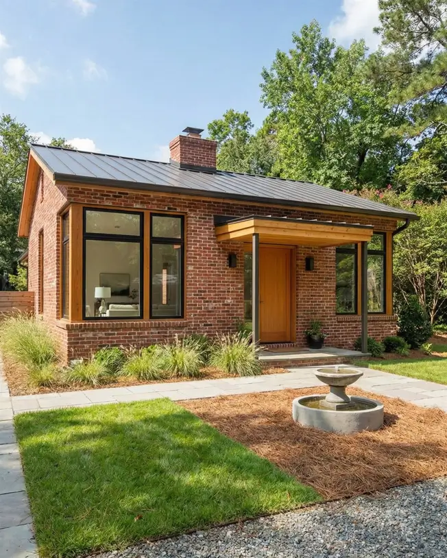 26 Small Ranch-Style House Ideas for Timeless Modern Living 26 Red brick facade with black window frames and a circular fountain in front of a small Ranch house design.