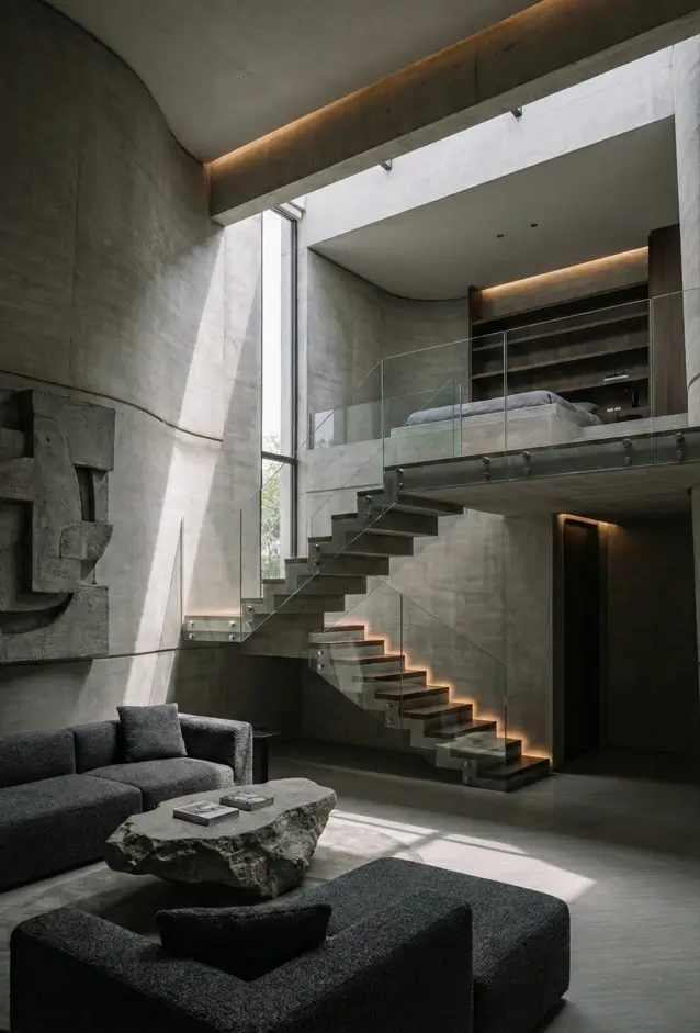 38 Modern Brutalist Interior Design Ideas for a Raw, Livable Sanctuary 27 This aesthetic captured in a curved concrete wall and illuminated floating staircase.