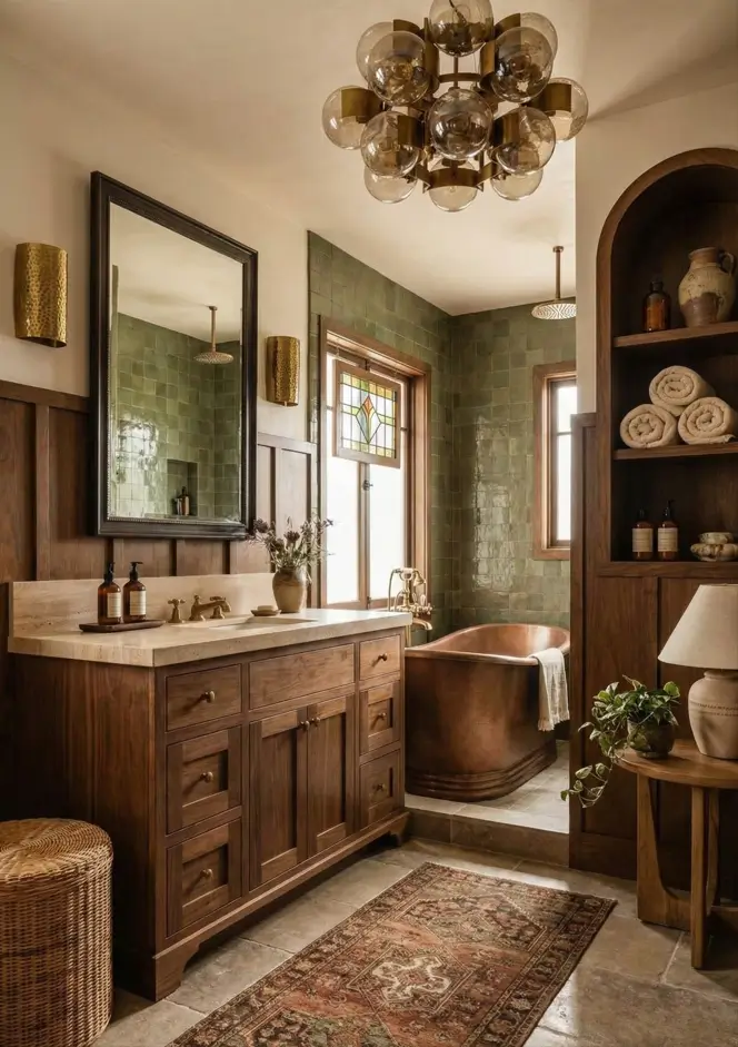 26 Craftsman Home Interior Ideas for Timeless Charm and Modern Living 27 Luxurious Craftsman Spa Modern Craftsman interior bathroom featuring a hammered copper bathtub and green tiles.
