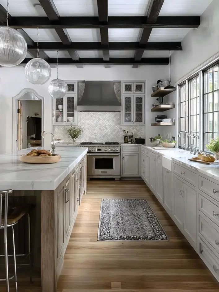 34 Modern Tudor Kitchen Ideas: Old-World Charm, New Appeal 27 Kitchen featuring dark grid ceiling beams, grey central island, large windows, and glass globe pendant lights.