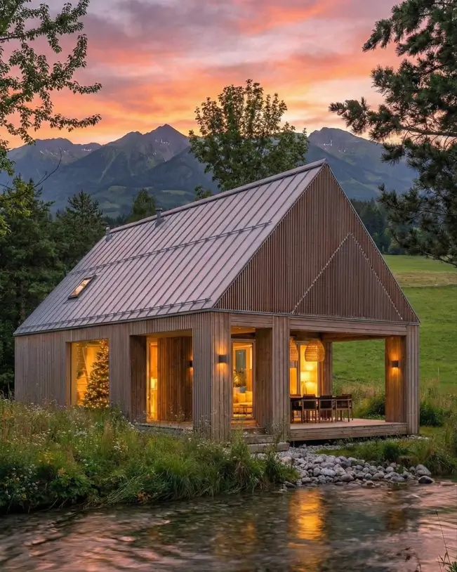 33 Small Scandinavian House Ideas That Prove Less Is More 27 Riverside sunset sanctuary with a massive sheltered loggia and warm interior lighting.