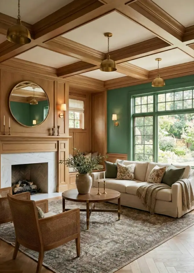 26 Craftsman Home Interior Ideas for Timeless Charm and Modern Living 28 Organic Craftsman Harmony Modern Craftsman interior living room with sage green walls and cane armchairs.
