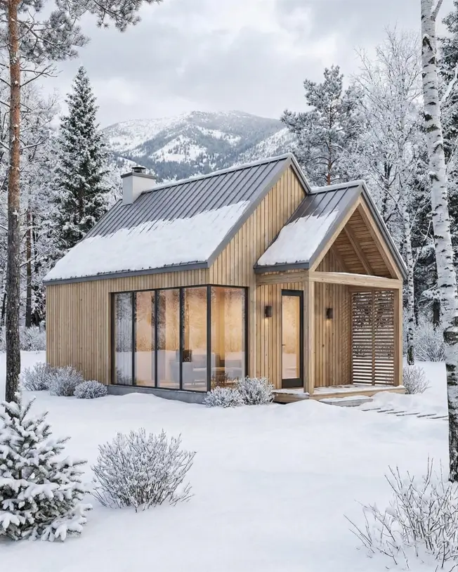 33 Small Scandinavian House Ideas That Prove Less Is More 28 Slatted timber entry featuring a sheltered porch with horizontal wood screens in winter.
