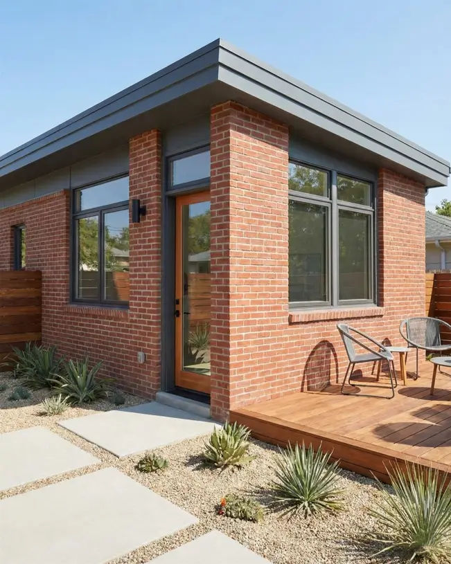 26 Small Ranch-Style House Ideas for Timeless Modern Living 28 Red brick cube architecture with a grey cornice and wooden deck on a modern small Ranch house design.