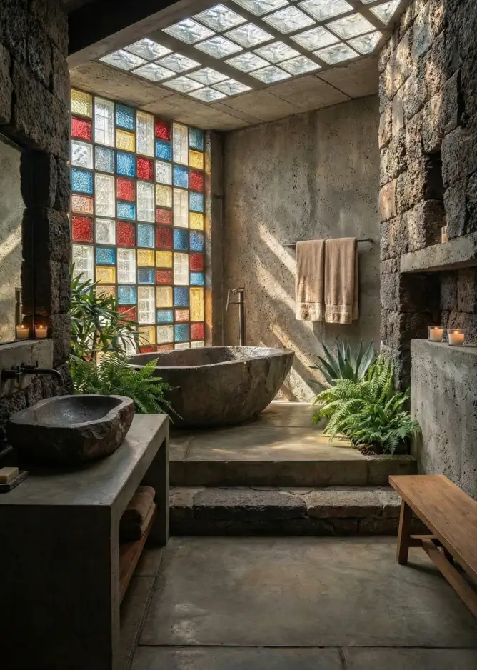 38 Modern Brutalist Interior Design Ideas for a Raw, Livable Sanctuary 29 Raw architecture in a bathroom featuring colorful glass blocks and a lava rock wall.