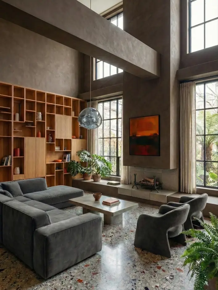 38 Modern Brutalist Interior Design Ideas for a Raw, Livable Sanctuary 30 Modern structural design living room defined by a massive concrete cross-beam and timber shelves.
