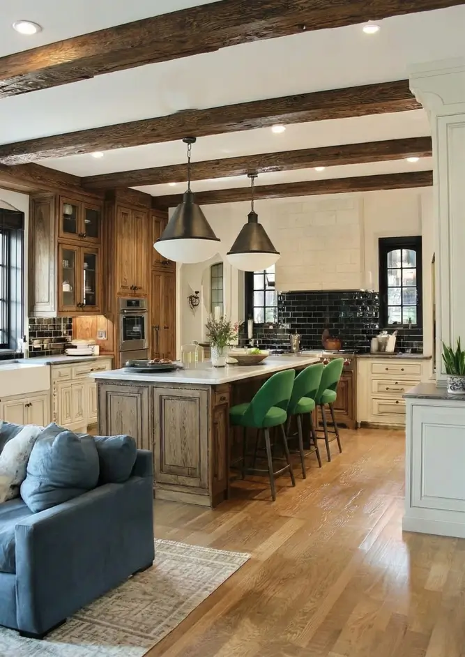 34 Modern Tudor Kitchen Ideas: Old-World Charm, New Appeal 30 Open-plan kitchen featuring green velvet stools, black subway tile backsplash, rustic beams, and large black cone pendants.