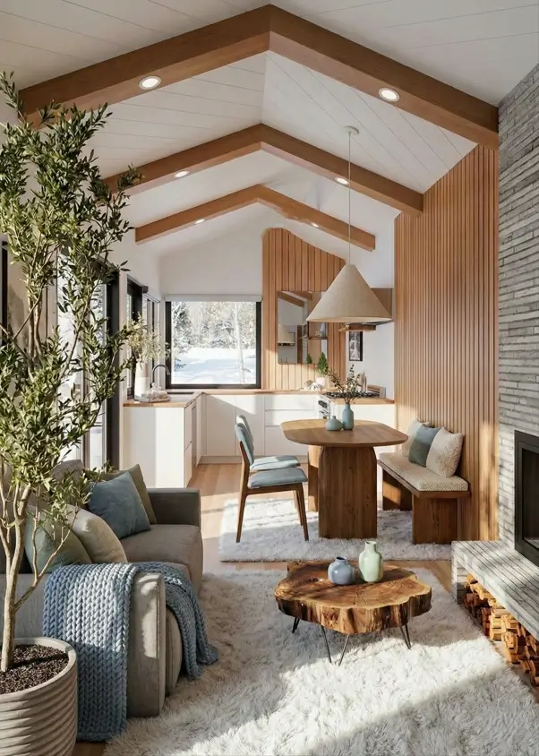 33 Small Scandinavian House Ideas That Prove Less Is More 30 Zoned open plan living area in a small Scandinavian house defined by a large textured rug.