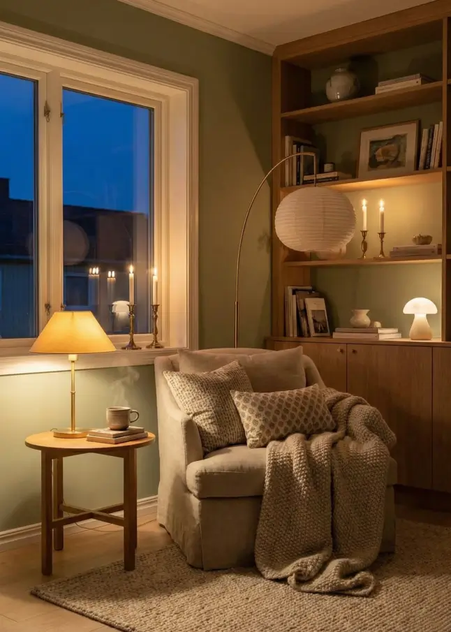 33 Small Scandinavian House Ideas That Prove Less Is More 31 Hygge lighting layer in a bedroom with a paper lantern pendant and warm wall sconces.