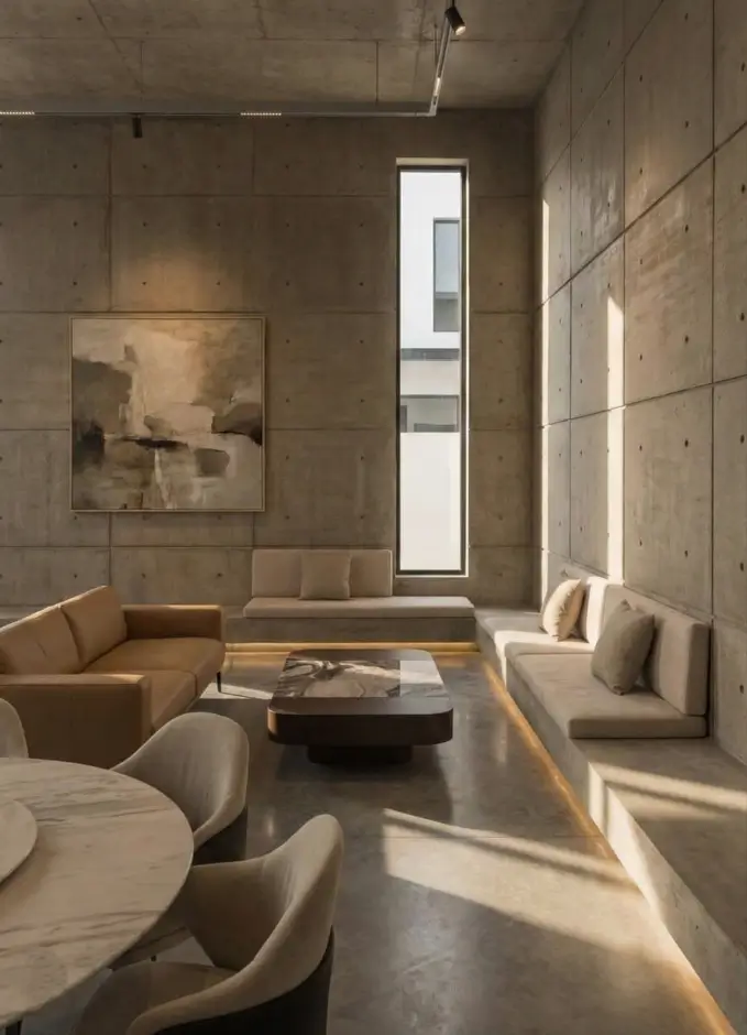 38 Modern Brutalist Interior Design Ideas for a Raw, Livable Sanctuary 31 Sunlit modern Brutalist living room featuring exposed concrete walls, a vertical window, and custom built-in seating with warm neutral furniture.