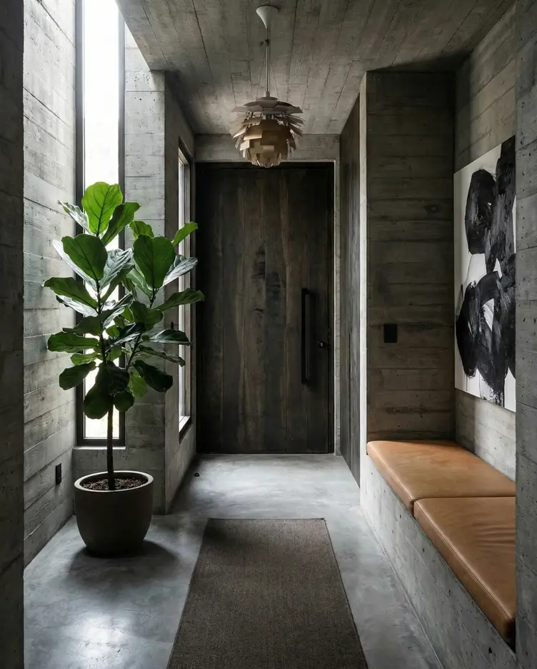 38 Modern Brutalist Interior Design Ideas for a Raw, Livable Sanctuary 5 Entryway highlighting structural honesty with board-formed concrete walls and a floating tan leather bench.