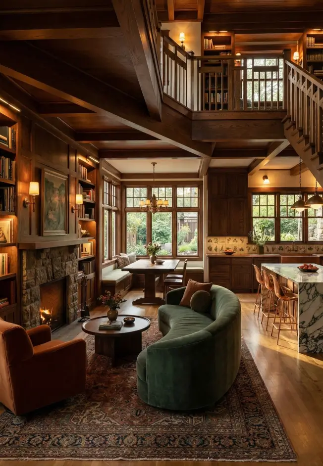 26 Craftsman Home Interior Ideas for Timeless Charm and Modern Living 5 Grand Open-Concept Craftsman Open-concept Craftsman interior design featuring a stone fireplace and curved green velvet sofa.