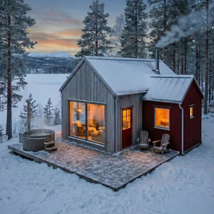 18 Scandinavian Cabin Design Ideas for Warm, Minimal Living 6 Snowy Scandinavian style cabin combining natural wood and a Falun red annex with a wood-fired hot tub at twilight.