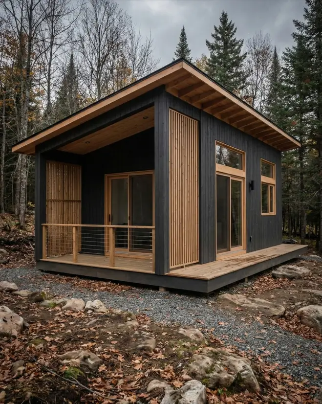 33 Small Scandinavian House Ideas That Prove Less Is More 5 Sleek Nordic retreat featuring charcoal vertical siding and honey-toned timber slats with deep roof overhangs.