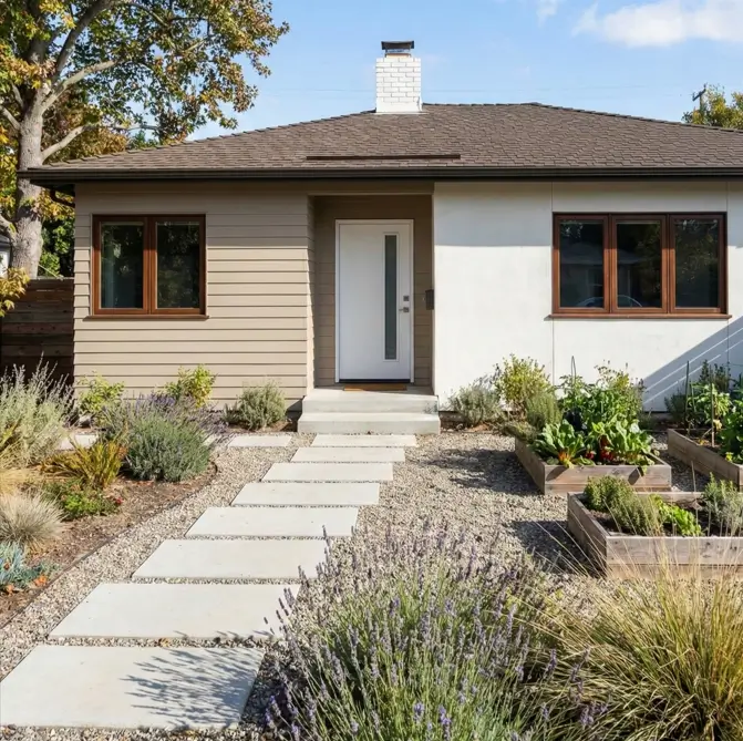 26 Small Ranch-Style House Ideas for Timeless Modern Living 5 Modern landscaping with raised vegetable beds in front of a small Ranch-style house with beige siding and stucco.