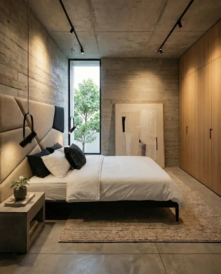 38 Modern Brutalist Interior Design Ideas for a Raw, Livable Sanctuary 32 Industrial bedrooms design featuring sleek concrete wall panels and a low-profile platform bed.