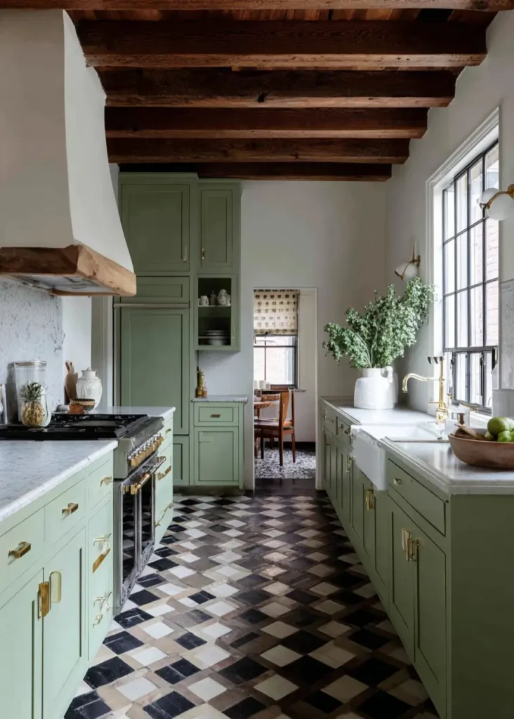 34 Modern Tudor Kitchen Ideas: Old-World Charm, New Appeal 32 Kitchen with sage green cabinets, rustic stone checkerboard floor, wood ceiling beams, and a white plaster hood.