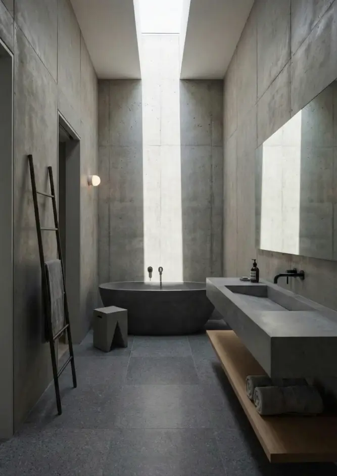 38 Modern Brutalist Interior Design Ideas for a Raw, Livable Sanctuary 33 Minimalist bathrooms style with a concrete tub situated under a dramatic slit skylight.