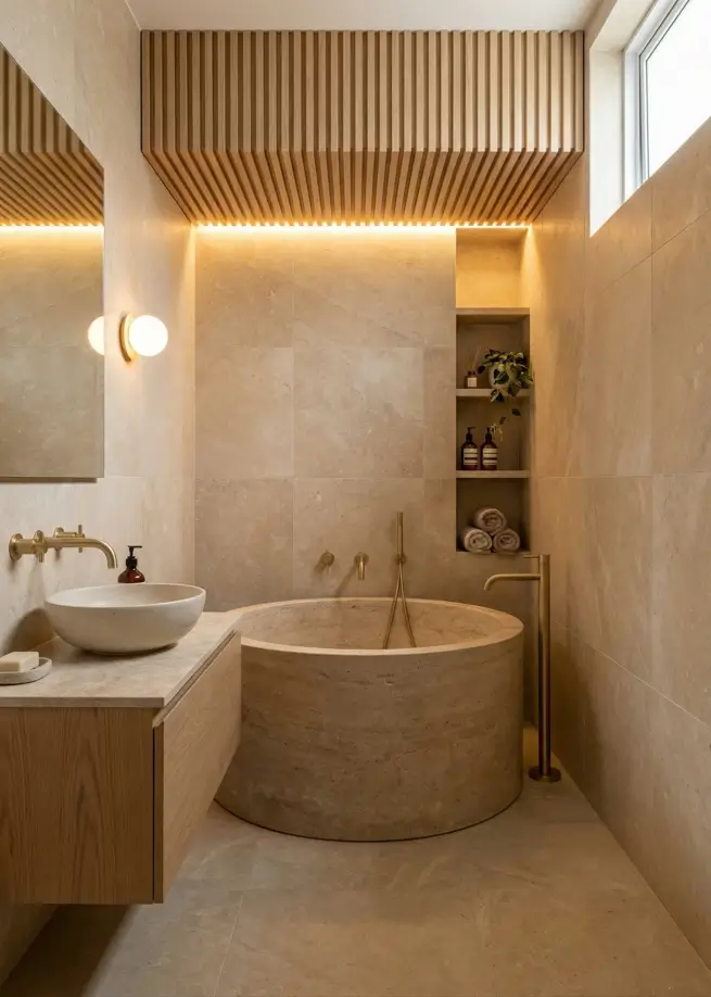 33 Small Scandinavian House Ideas That Prove Less Is More 34 Compact spa bathroom with curved white kit-kat tiles and honed travertine flooring.