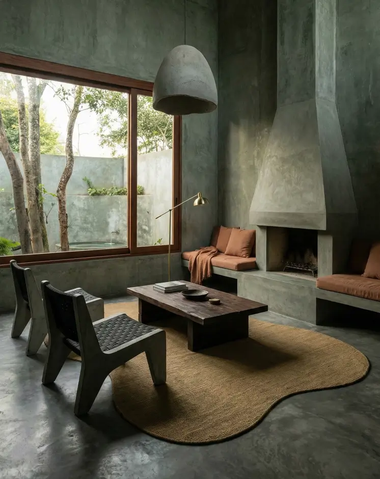 38 Modern Brutalist Interior Design Ideas for a Raw, Livable Sanctuary 34 Exposed structural design in a lounge with textured green-grey walls and a tapered fireplace.