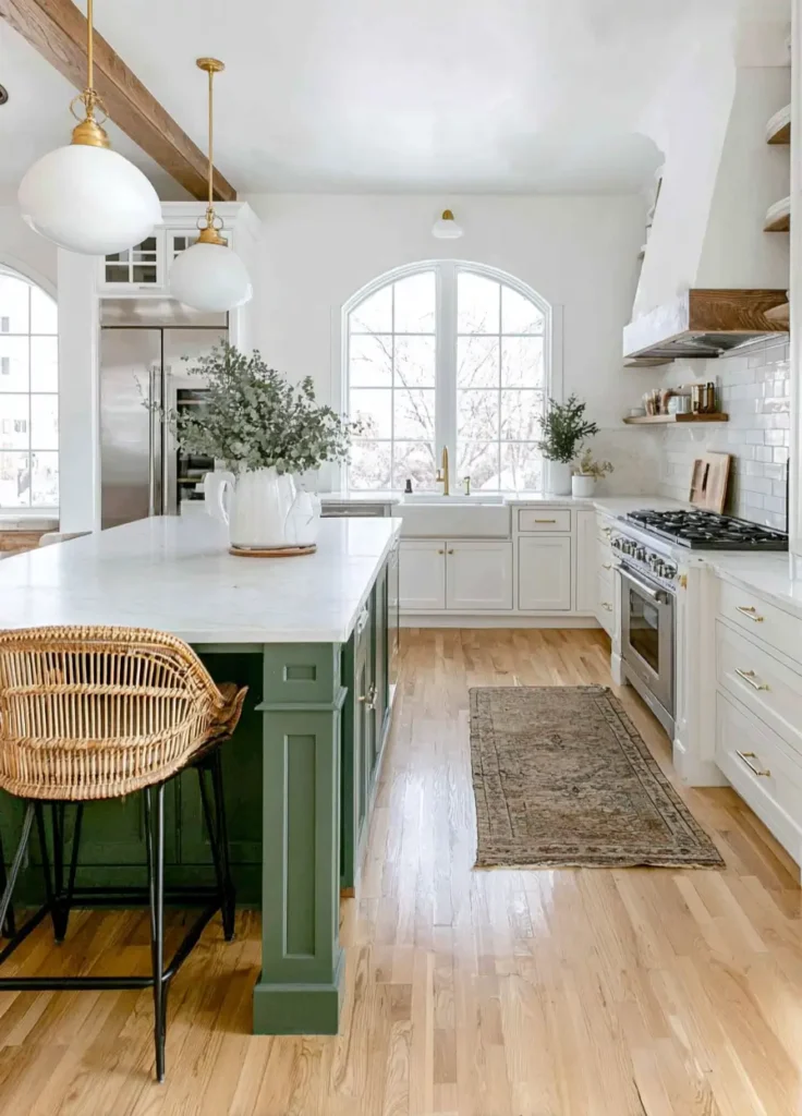 34 Modern Tudor Kitchen Ideas: Old-World Charm, New Appeal 34 White kitchen featuring a large arched window, sage green island, rattan stools, and rustic ceiling beams.