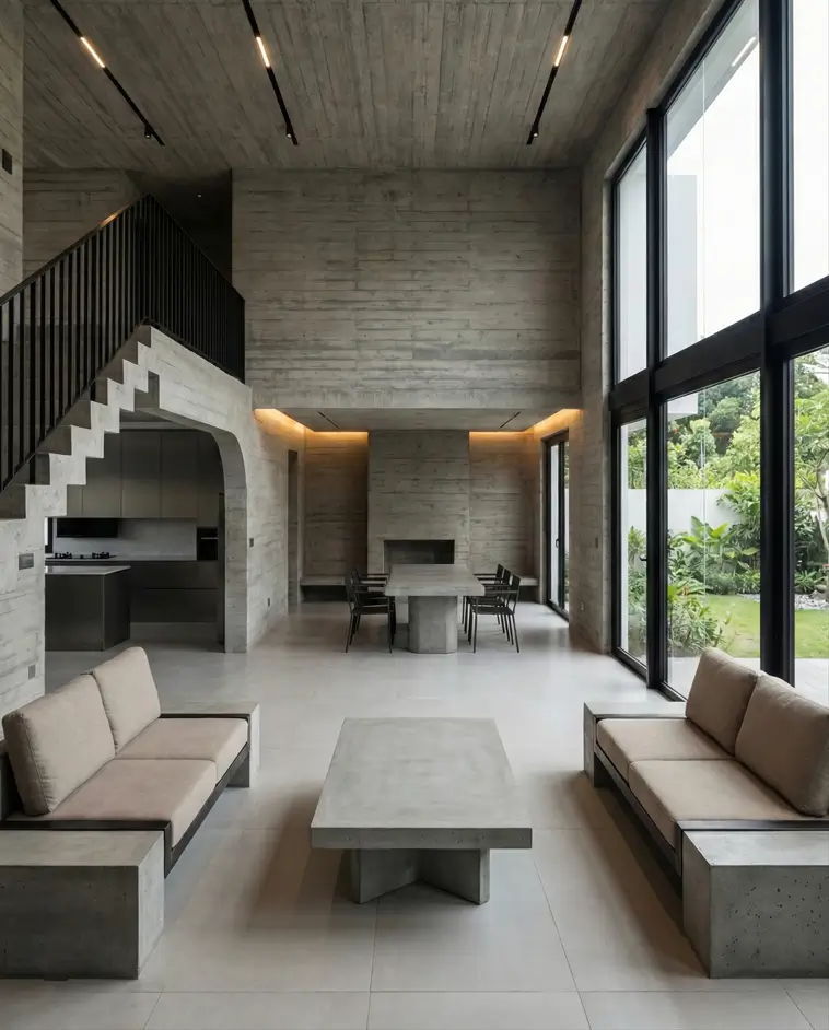 38 Modern Brutalist Interior Design Ideas for a Raw, Livable Sanctuary 35 Modern Brutalist interior design living space with cast-in-place concrete sofas and garden views.