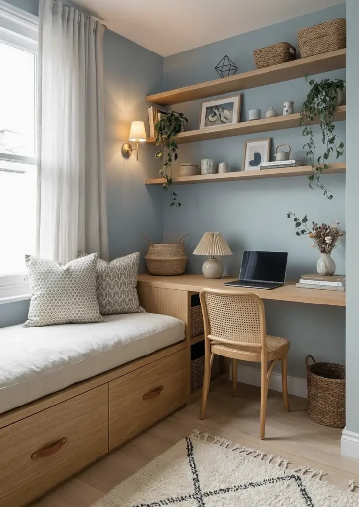 33 Small Scandinavian House Ideas That Prove Less Is More 35 Multifunctional nook with a floating timber desk tucked under a staircase for workspace efficiency.