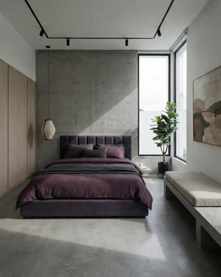 38 Modern Brutalist Interior Design Ideas for a Raw, Livable Sanctuary 36 Concrete-clad bedroom softened by a rich plum velvet headboard and warm timber joinery.