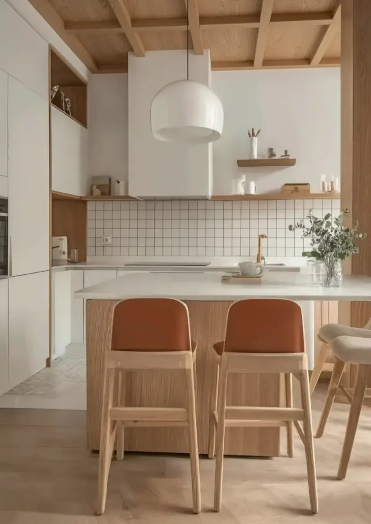 34 Modern Tudor Kitchen Ideas: Old-World Charm, New Appeal 36 Bright kitchen featuring a light wood grid ceiling, white square tile backsplash, and tan modern bar stools.