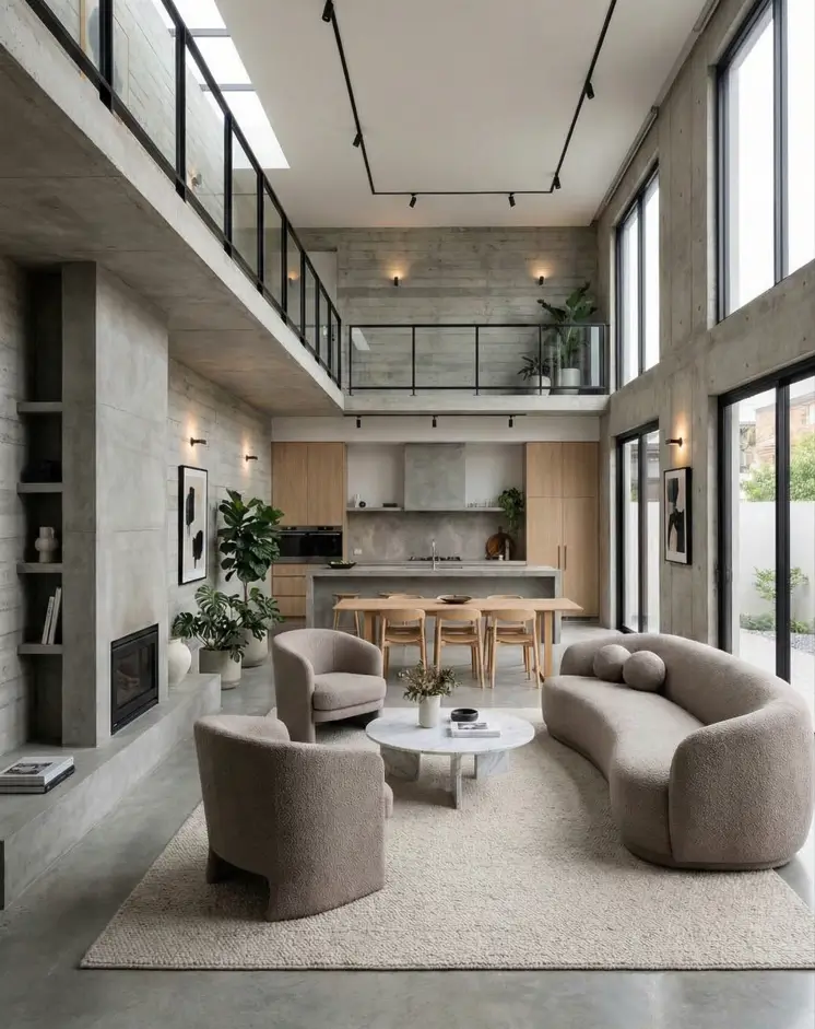 38 Modern Brutalist Interior Design Ideas for a Raw, Livable Sanctuary 37 Heavy architecture in a double-height living room with a concrete mezzanine bridge and boucle sofa.