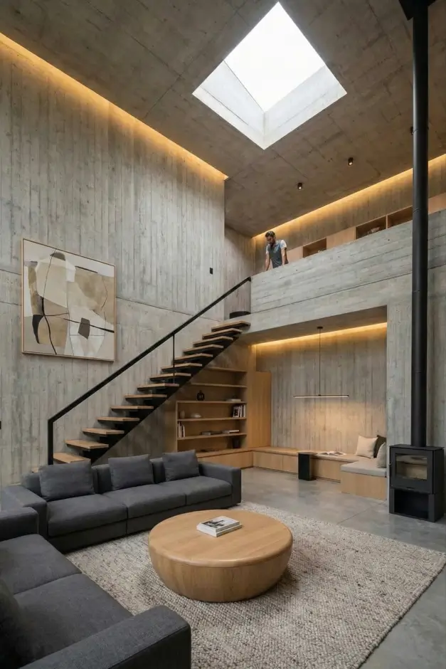 38 Modern Brutalist Interior Design Ideas for a Raw, Livable Sanctuary 38 This style exemplified by a square skylight highlighting a raw concrete shell and black stove.