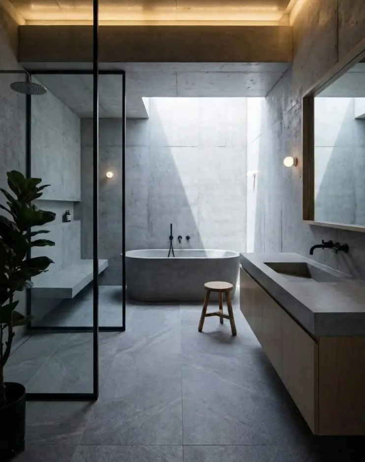 38 Modern Brutalist Interior Design Ideas for a Raw, Livable Sanctuary 39 Modern Brutalist interior design bathroom with a deep concrete tub and warm wood vanity.