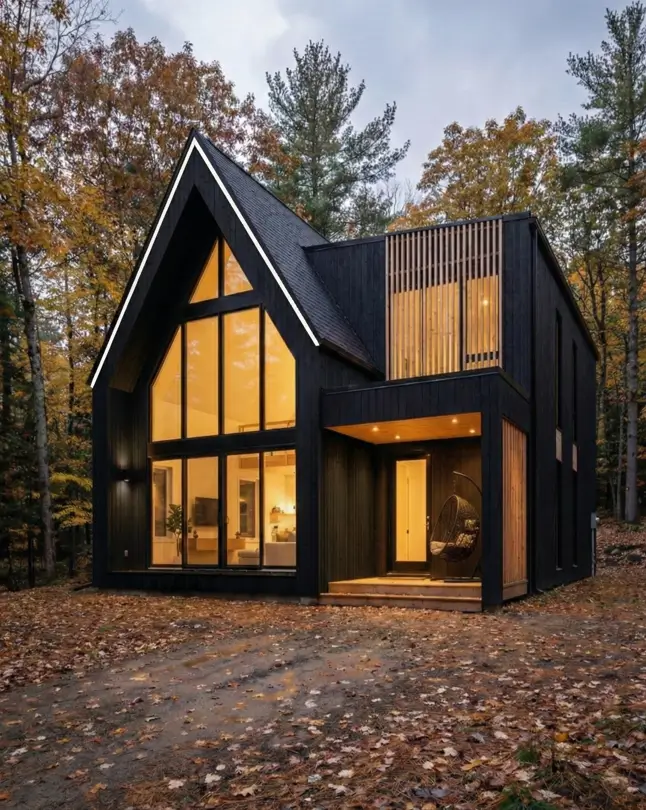 18 Scandinavian Cabin Design Ideas for Warm, Minimal Living 7 Black modern Scandinavian cabin exterior with a steep pitched roof and linear addition surrounded by vibrant autumn trees.