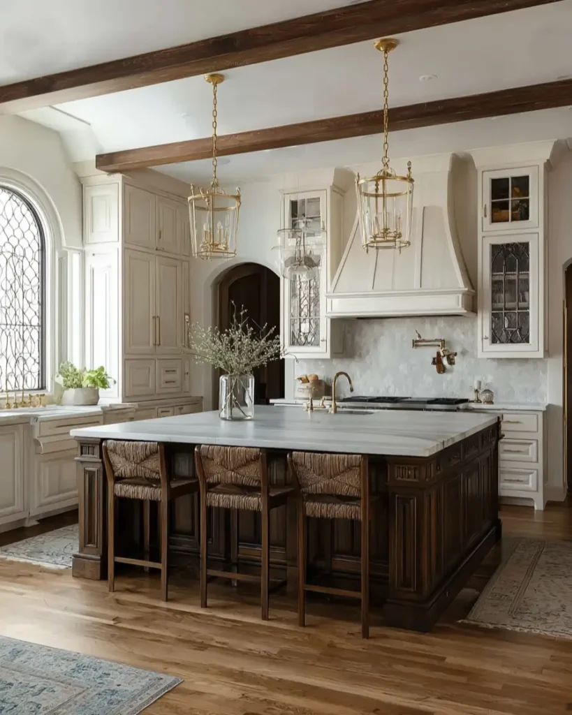34 Modern Tudor Kitchen Ideas: Old-World Charm, New Appeal 6 Large kitchen island featuring woven stools, brass pendant lanterns, and an arched diamond-pane window.