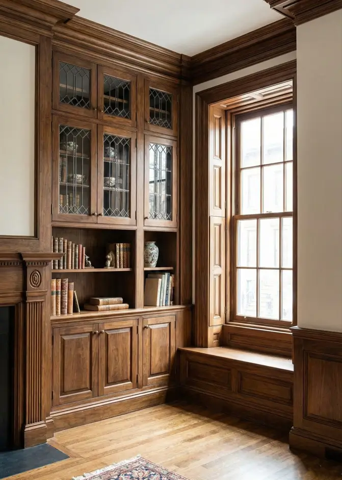 26 Craftsman Home Interior Ideas for Timeless Charm and Modern Living 7 Detailed Craftsman Built-Ins Craftsman interior design corner featuring walnut built-in storage cabinets and a window seat.