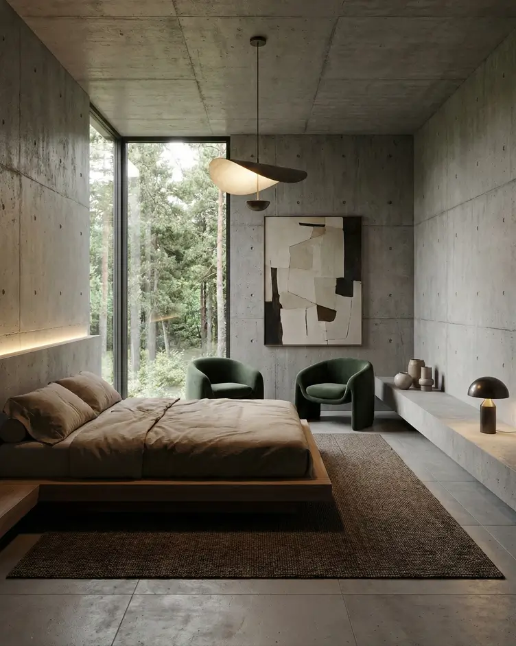 38 Modern Brutalist Interior Design Ideas for a Raw, Livable Sanctuary 7 Monolithic homes bedroom design softening rigid concrete panels with green velvet armchairs and timber.
