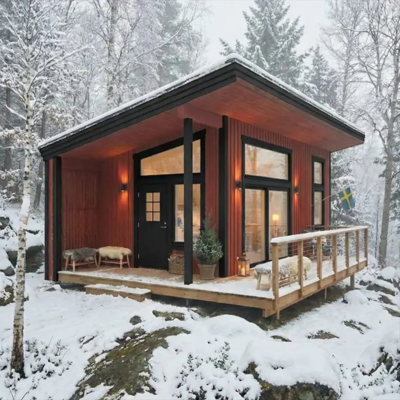 33 Small Scandinavian House Ideas That Prove Less Is More 7 Vibrant red Scandinavian small house with black trim and large windows set in a snowy winter landscape.