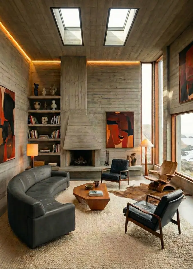 38 Modern Brutalist Interior Design Ideas for a Raw, Livable Sanctuary 8 Modern Brutalist interior design living room illuminated by skylights casting shadows on a masonry fireplace.