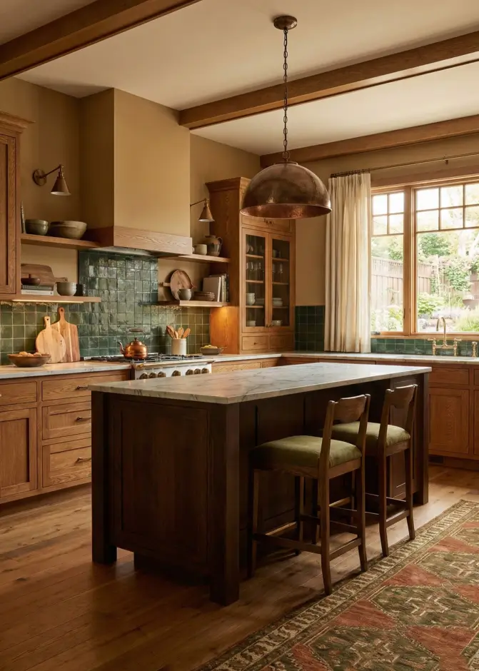 26 Craftsman Home Interior Ideas for Timeless Charm and Modern Living 8 Earthy Craftsman Kitchen Modern Craftsman interior kitchen with green tile backsplash and a hammered copper pendant light.