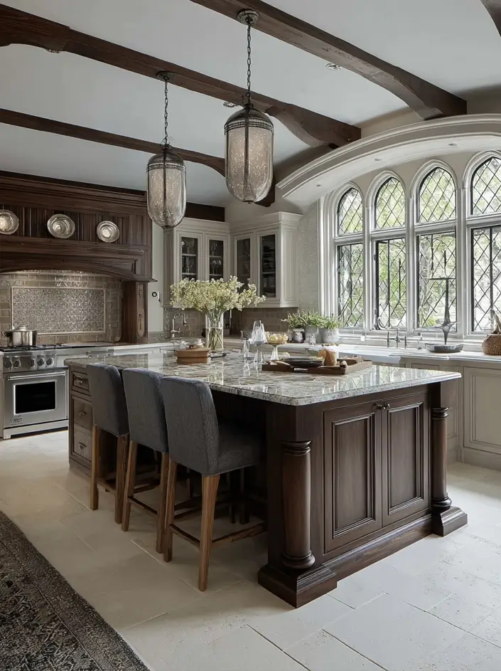 34 Modern Tudor Kitchen Ideas: Old-World Charm, New Appeal 8 Kitchen featuring limestone flooring, a dark wood island, and large arched diamond-pane windows.